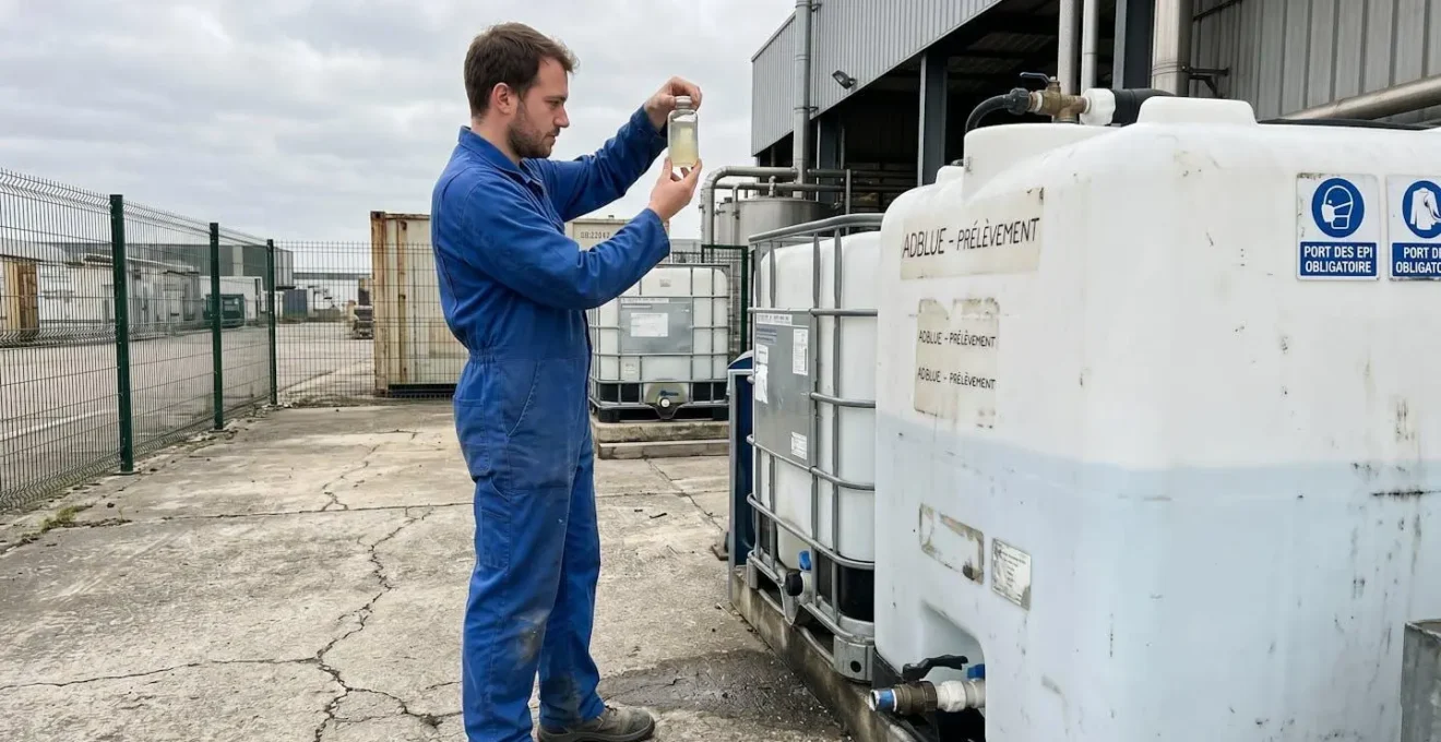Gros plan macro sur le fluide AdBlue transparent légèrement bleuté en train d'être versé, avec un bel effet de flou artistique en arrière-plan