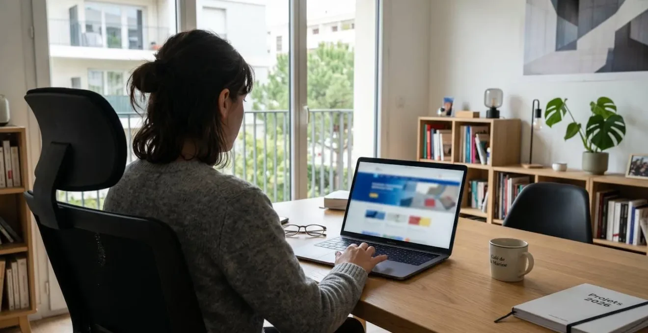 Une personne vue de dos consulte un site internet d'administration maritime sur son ordinateur portable dans un bureau à domicile moderne et lumineux