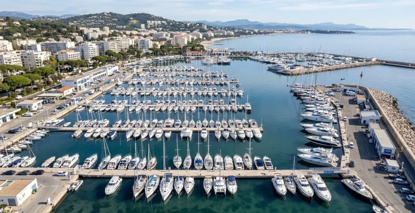 Vue aérienne d'un port de plaisance français moderne avec des dizaines de voiliers et vedettes amarrés dans un bassin calme sous un ciel dégagé