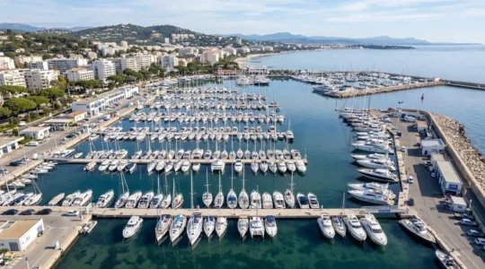 Vue aérienne d'un port de plaisance français moderne avec des dizaines de voiliers et vedettes amarrés dans un bassin calme sous un ciel dégagé