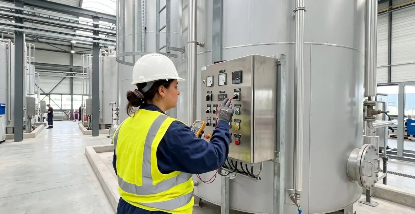 Technicien de maintenance en gilet de sécurité jaune vu de dos, consultant le panneau de contrôle d'une cuve de stockage isolée sur un site industriel français moderne