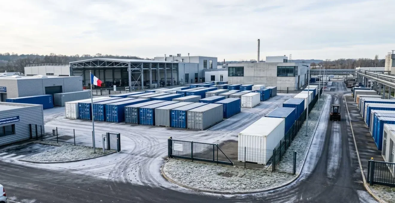 Zone de stockage extérieure d'un site industriel français en hiver, avec cuves conteneurisées modernes alignées sous un ciel clair et des traces de givre au sol