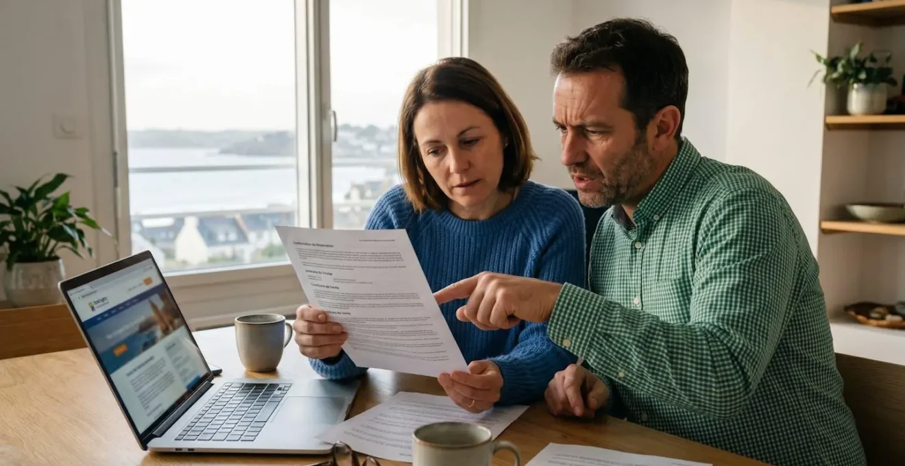 Couple dans la quarantaine assis à une table contemporaine, examinant attentivement un document de réservation imprimé avec vue mer floue en arrière-plan