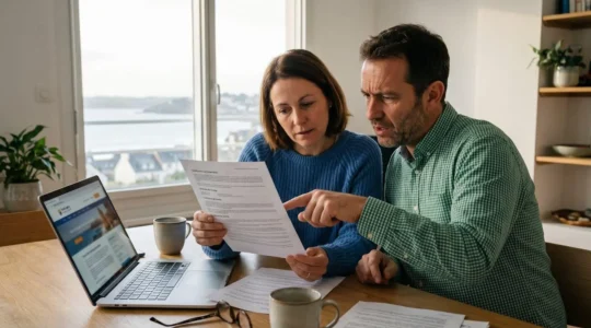 Couple dans la quarantaine assis à une table contemporaine, examinant attentivement un document de réservation imprimé avec vue mer floue en arrière-plan