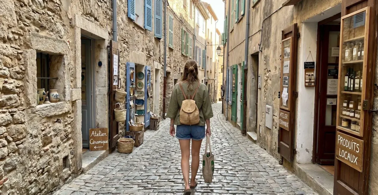 Femme dans la trentaine de dos marchant dans une ruelle pavée typique de Bonifacio, murs en pierre, volets colorés et petites boutiques artisanales visibles