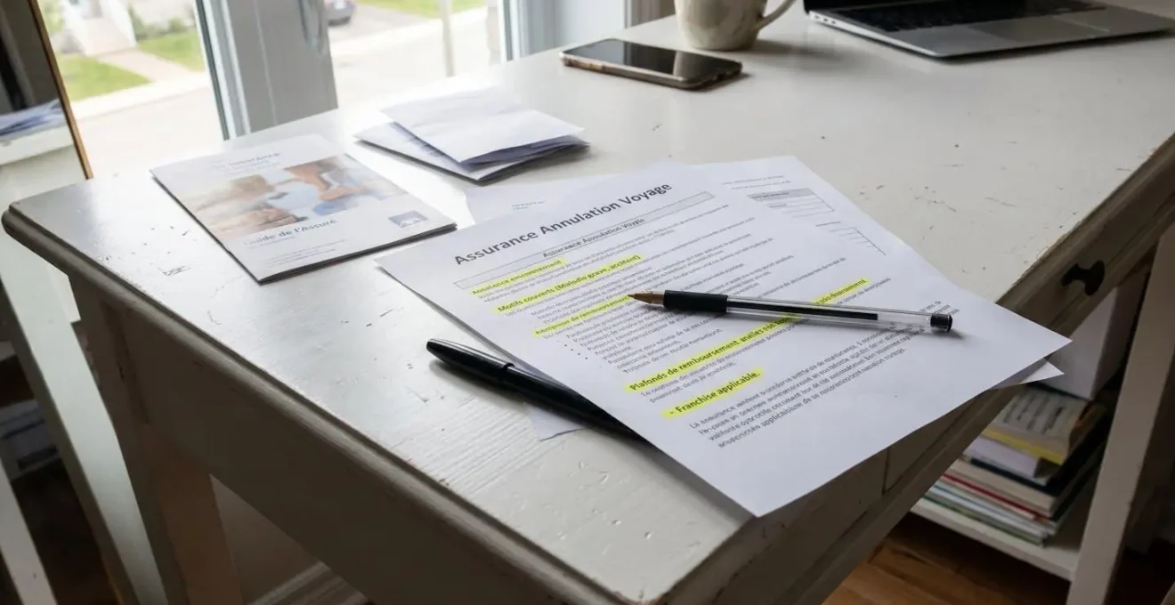 Vue rapprochée de certificats d'assurance voyage étalés sur un bureau blanc, avec surligneur jaune marquant des clauses importantes et stylo noir posé